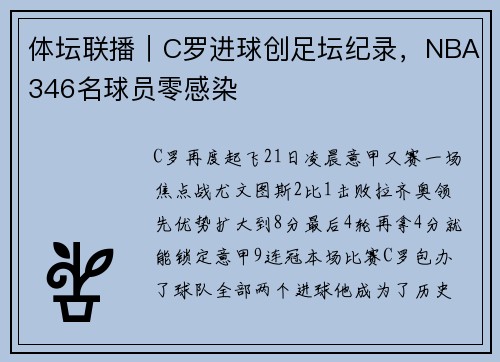 体坛联播｜C罗进球创足坛纪录，NBA346名球员零感染