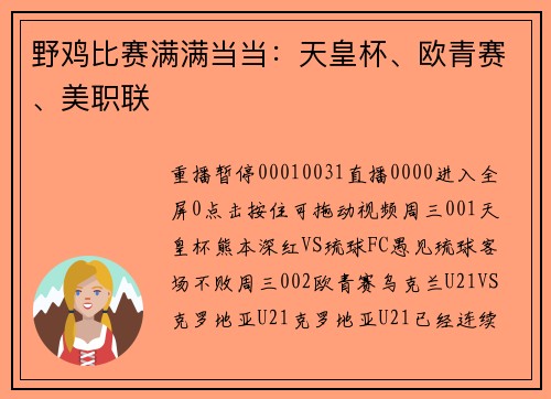 野鸡比赛满满当当：天皇杯、欧青赛、美职联